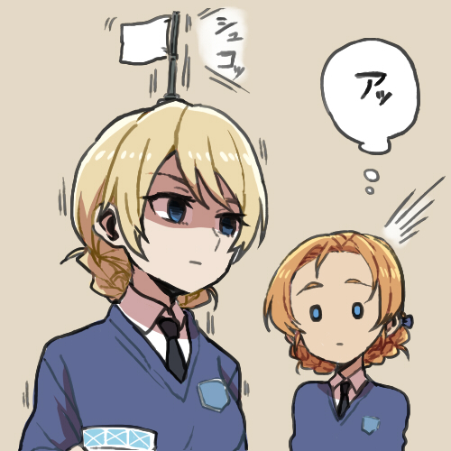 2girls :| bangs beige_background black_neckwear blonde_hair blue_eyes blue_sweater braid closed_mouth constricted_pupils cup darjeeling dress_shirt emblem flag girls_und_panzer holding long_sleeves looking_at_another lowres multiple_girls necktie orange_hair orange_pekoe parted_bangs portrait ree_(re-19) school_uniform shirt short_hair sweater teacup tied_hair twin_braids v-neck white_flag white_shirt wing_collar