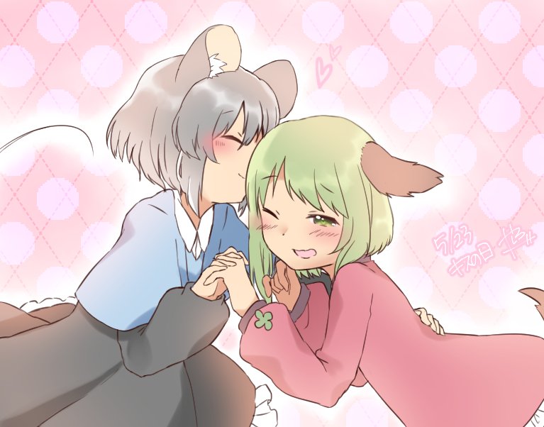 2girls abe_suke animal_ears blush capelet closed_eyes closed_mouth commentary_request dress facial_hair green_eyes green_hair grey_hair hand_holding interlocked_fingers kasodani_kyouko kiss kiss_day long_sleeves mouse_ears multiple_girls mustache nazrin one_eye_closed open_mouth pink_dress polka_dot polka_dot_background short_hair touhou yuri