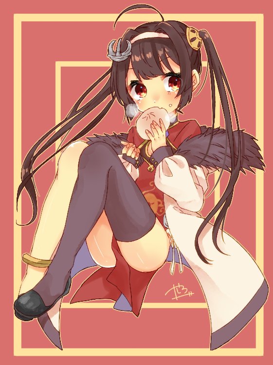 1girl abe_suke ahoge anchor_hair_ornament azur_lane bangs black_footwear blush brown_eyes brown_hair brown_legwear character_request commentary_request dumpling eating eyebrows_visible_through_hair food full_body hair_intakes hair_ornament holding holding_food long_hair long_sleeves looking_at_viewer shoes signature single_thighhigh solo thigh-highs twintails