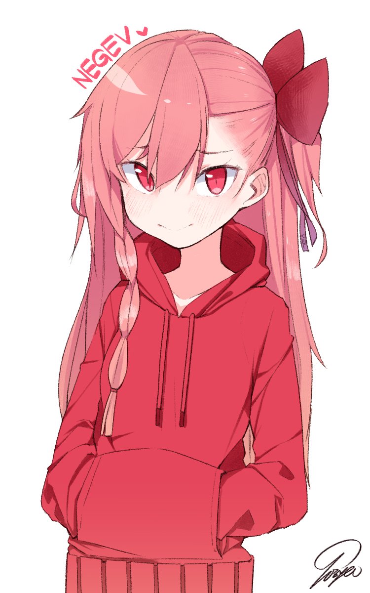 1girl alternate_costume artist_name bow braid character_name eyebrows_visible_through_hair girls_frontline hair_between_eyes hair_bow hands_in_pockets highres hood hood_down hoodie long_hair looking_at_viewer negev_(girls_frontline) pink_hair red_bow red_eyes side_ponytail signature simple_background single_braid solo tosyeo white_background