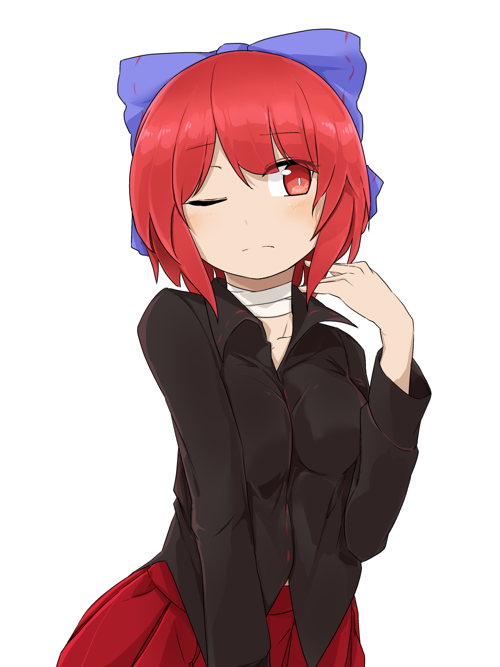 1girl bandaged_neck black_shirt blue_bow bow breasts closed_mouth collared_shirt commentary eyebrows_visible_through_hair hair_bow highres long_sleeves looking_at_viewer medium_breasts one_eye_closed red_eyes redhead sekibanki shirt short_hair simple_background solo touhou tyouseki upper_body white_background