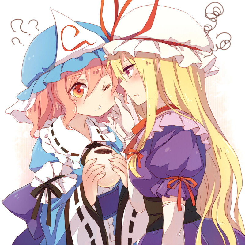 2girls ? black_ribbon blonde_hair blush bow cheek_pinching choker dress elbow_gloves food food_on_face frills from_side gloves gradient_eyes hair_between_eyes hat hat_ribbon holding holding_food japanese_clothes kimono lilith_(lilithchan) long_hair long_sleeves mob_cap multicolored multicolored_eyes multiple_girls obi one_eye_closed orange_eyes pinching pink_hair pout puffy_sleeves purple_dress red_ribbon ribbon ribbon_choker saigyouji_yuyuko sash short_hair short_sleeves simple_background squiggle touhou triangle_mouth triangular_headpiece upper_body white_gloves wide_sleeves yakumo_yukari