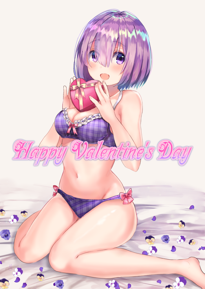 1girl :d bangs bare_arms bare_legs bare_shoulders barefoot bed_sheet blush bow bow_bra bow_panties box bra breasts brown_background cleavage commentary_request eyebrows_visible_through_hair fate/grand_order fate_(series) fingernails flower gift gift_box hair_between_eyes happy_valentine heart-shaped_box holding holding_gift looking_at_viewer mash_kyrielight medium_breasts navel open_mouth panties petals plaid plaid_bra plaid_panties purple_bra purple_flower purple_hair purple_panties shielder_(fate/grand_order) short_hair sitting smile solo thighs tomu_(zundaizu106) underwear underwear_only valentine violet_eyes wariza white_flower yellow_flower