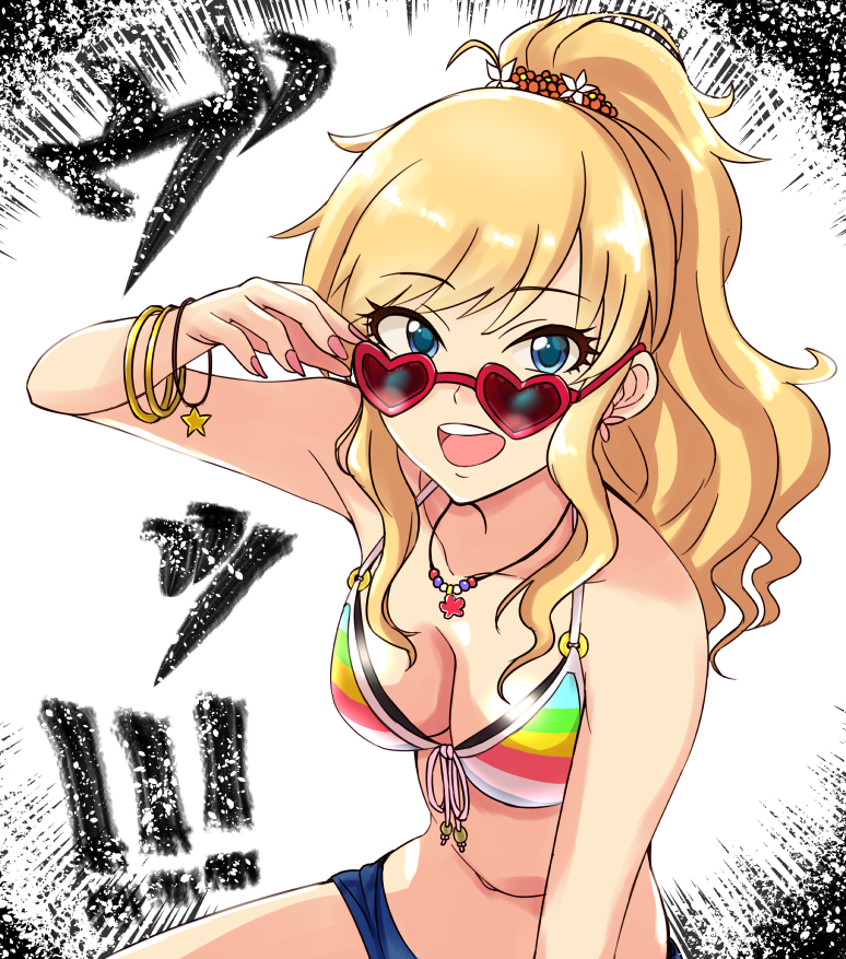 1girl blonde_hair blue_eyes bracelet breasts cleavage front-tie_top heart heart-shaped_eyewear high_ponytail idolmaster idolmaster_cinderella_girls jewelry keikesu looking_at_viewer medium_breasts nail nail_polish navel necklace ootsuki_yui pink_nails ponytail short_shorts shorts sidelocks solo sunglasses