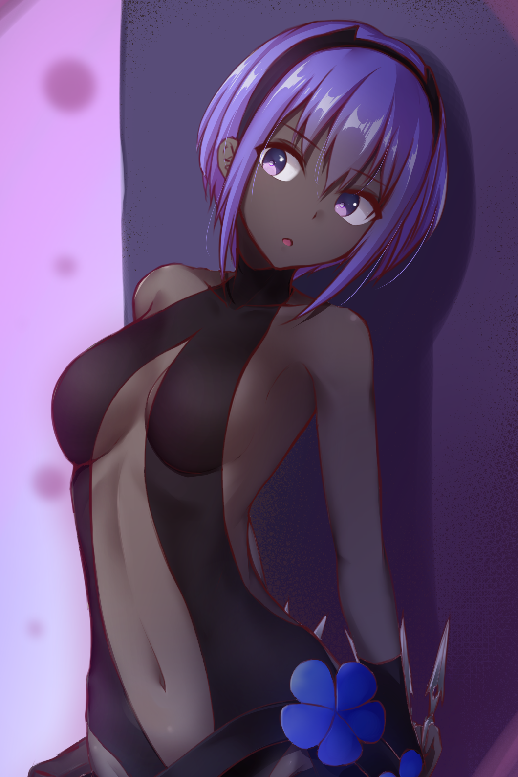 1girl :o against_wall arched_back arms_behind_back bangs bare_arms bare_shoulders between_fingers black_hairband breasts center_opening collarbone eyebrows_visible_through_hair fate/prototype fate/prototype:_fragments_of_blue_and_silver fate_(series) hairband hassan_of_serenity_(fate) head_tilt hesumi highres holding holding_weapon kunai looking_at_viewer medium_breasts navel open_mouth pink_background purple_hair revealing_clothes short_hair solo stomach upper_body violet_eyes weapon