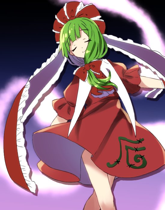 1girl abe_suke bangs bow closed_mouth dress eyebrows_visible_through_hair hair_bow hair_over_shoulder kagiyama_hina legs_crossed long_hair puffy_short_sleeves puffy_sleeves red_bow red_dress short_sleeves smile solo touhou