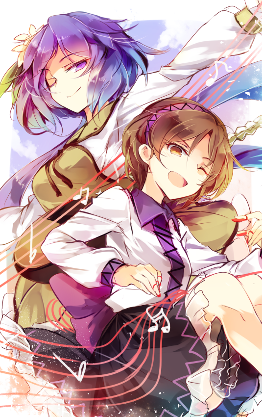 2girls bare_legs biwa_lute brown_eyes brown_hair clouds cloudy_sky dress flower frilled_skirt frills green_ribbon hair_flower hair_ornament hair_ribbon hairband instrument kutsuki_kai long_hair long_sleeves lute_(instrument) multiple_girls musical_note one_eye_closed open_mouth purple_hair ribbon see-through short_hair skirt sky smile thighs touhou tsukumo_benben tsukumo_yatsuhashi violet_eyes