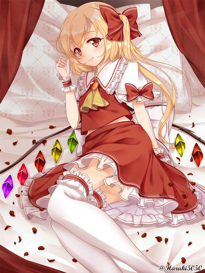 1girl artist_name ascot blonde_hair bow brooch commentary_request curtains eyebrows_visible_through_hair feet_out_of_frame flandre_scarlet frilled_shirt_collar frills hair_bow hand_up haruki_(colorful_macaron) jewelry leg_garter looking_at_viewer lying petals petticoat pillow puffy_short_sleeves puffy_sleeves red_bow red_curtains red_eyes red_skirt red_vest short_sleeves skirt smile solo thigh-highs touhou twitter_username vest white_legwear wings wrist_cuffs yellow_neckwear zettai_ryouiki