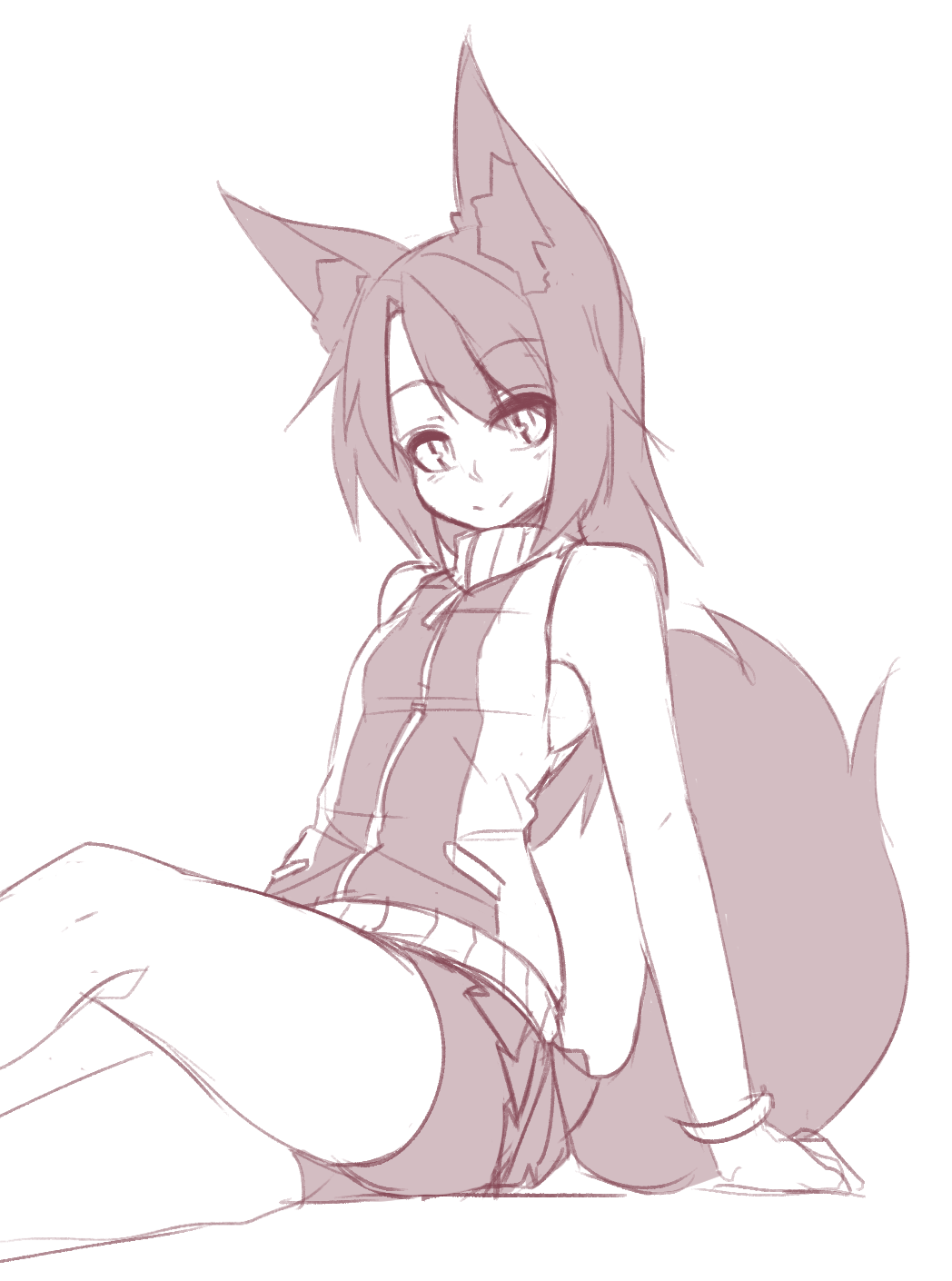 1girl animal_ears bare_shoulders bike_shorts commentary eyebrows_visible_through_hair eyes_visible_through_hair fox_ears fox_tail greyscale highres long_hair looking_at_viewer miniskirt monochrome original pleated_skirt sitting skirt sleeveless smile solo sub-res tail