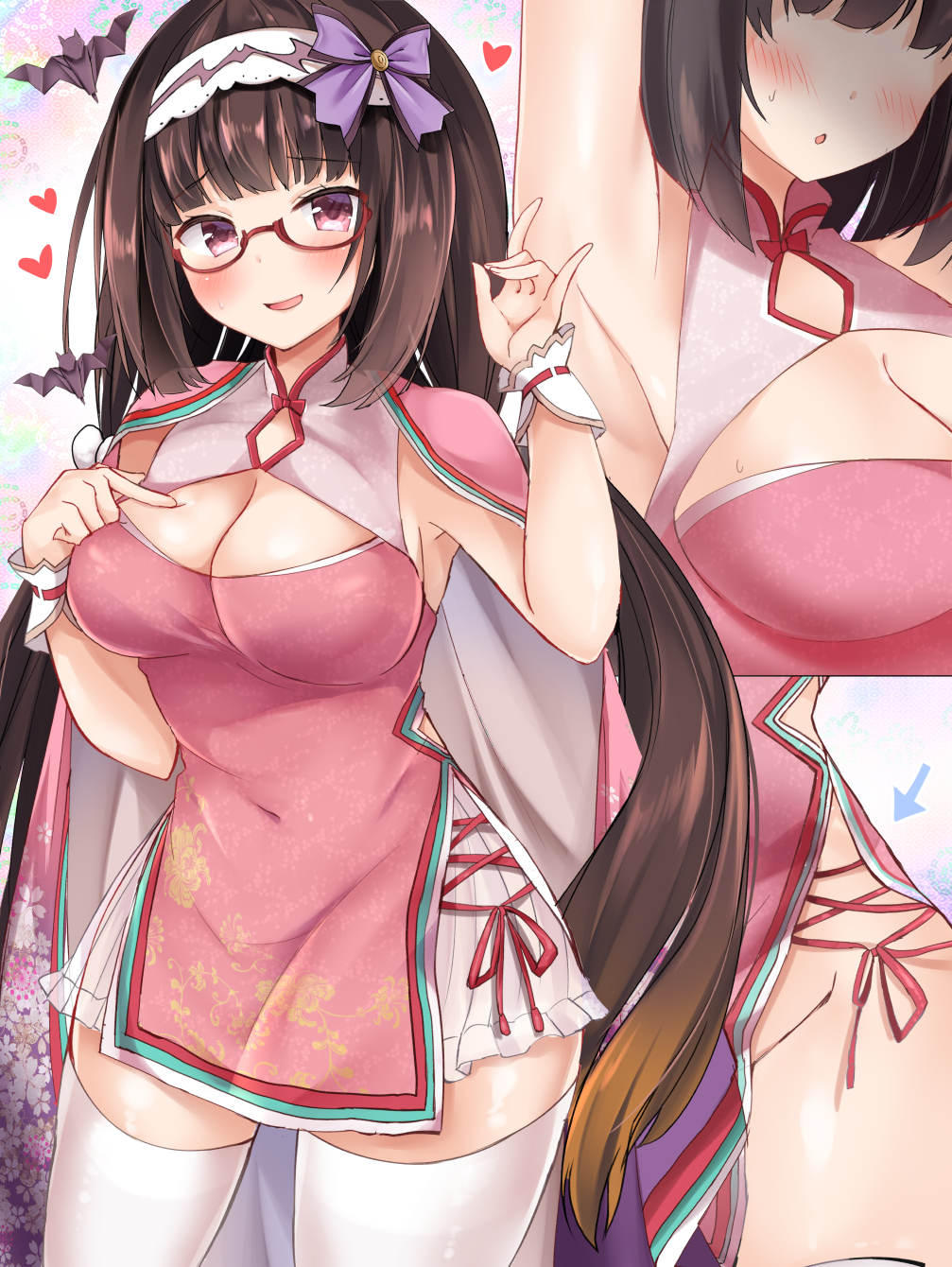 1girl adapted_costume armpits bat black_hair breasts brown_hair china_dress chinese_clothes cleavage cleavage_cutout dress fate/grand_order fate_(series) fox_shadow_puppet glasses gradient_hair hairband heart highres hood hood_down large_breasts long_hair low_twintails masayo_(gin_no_ame) multicolored_hair multiple_views origami osakabe-hime_(fate/grand_order) red-framed_eyewear solo thigh-highs twintails very_long_hair violet_eyes white_legwear zettai_ryouiki