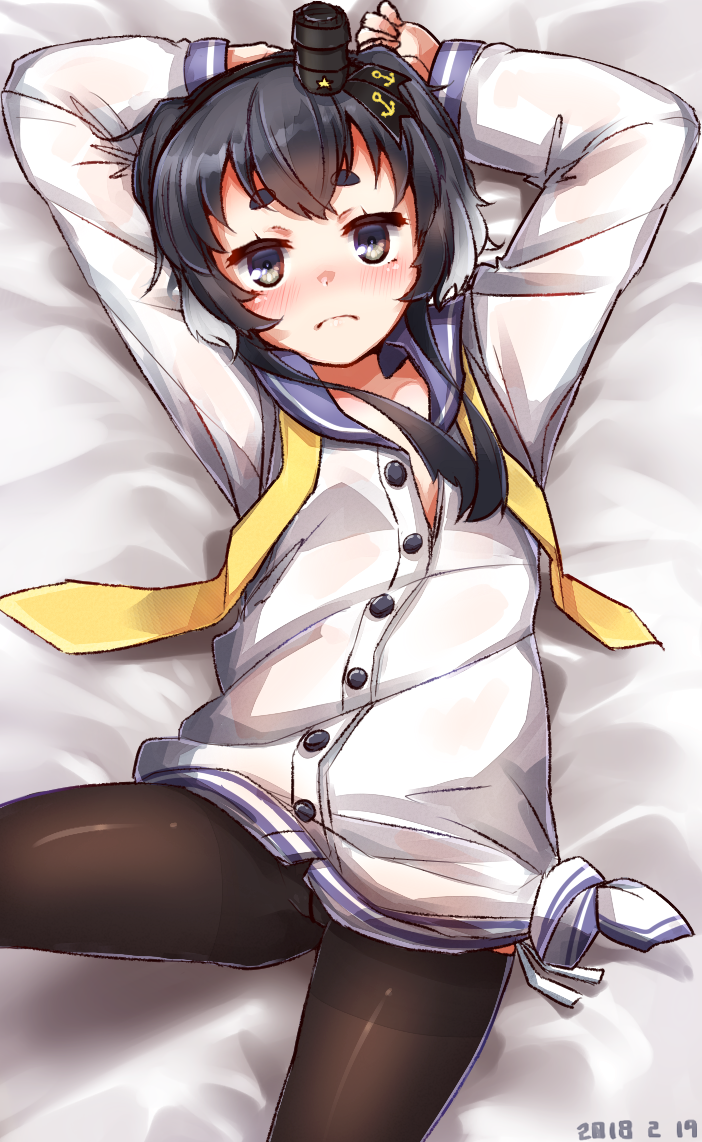 1girl anchor_symbol arms_up bangs bed bed_sheet black_eyes black_hair black_hairband black_hat blue_sailor_collar blush brown_legwear closed_eyes crotch_seam dated from_above frown gradient_hair green_eyes hairband hat kantai_collection long_sleeves looking_at_viewer lying mini_hat multicolored multicolored_eyes multicolored_hair no_pants on_back pantyhose partially_unbuttoned sailor_collar school_uniform serafuku shirt short_hair_with_long_locks sidelocks solo tareme thick_eyebrows tokitsukaze_(kantai_collection) undone_neckerchief white_hair white_shirt yellow_neckwear yufuissei0702