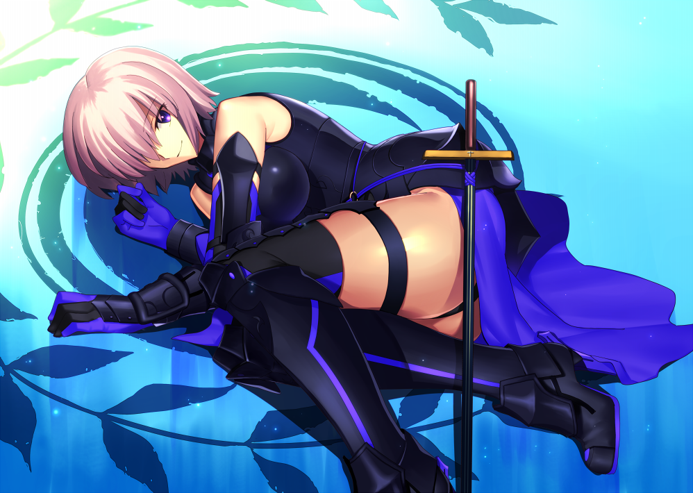 1girl black_footwear black_legwear black_leotard blue_gloves boots breasts elbow_gloves eyes fate/grand_order fate_(series) gloves hair_over_one_eye large_breasts leotard looking_at_viewer lying mash_kyrielight on_side sen_(77nuvola) short_hair silver_hair smile solo sword thigh-highs thigh_boots thigh_strap violet_eyes weapon