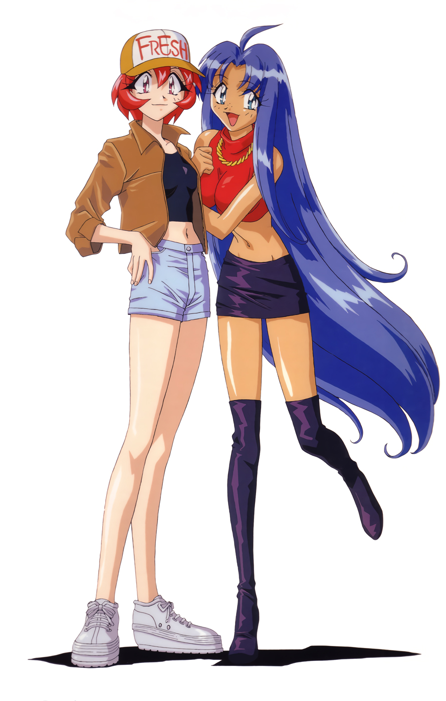 2girls 90s ahoge arm_hug baseball_cap black_legwear blue_eyes blue_hair boots cacao_(lamune) clothes_writing dark_skin denim denim_shorts full_body hand_in_pocket hand_on_hip hat highres jacket leg_up long_hair looking_at_viewer midriff multiple_girls navel official_art open_clothes open_jacket open_mouth parfait_(lamune) pencil_skirt red_eyes redhead shoes short_hair shorts simple_background skirt sleeves_past_elbows smile sneakers standing thigh-highs thigh_boots very_long_hair vs_knight_lamune_&amp;_40_fresh white_background white_footwear