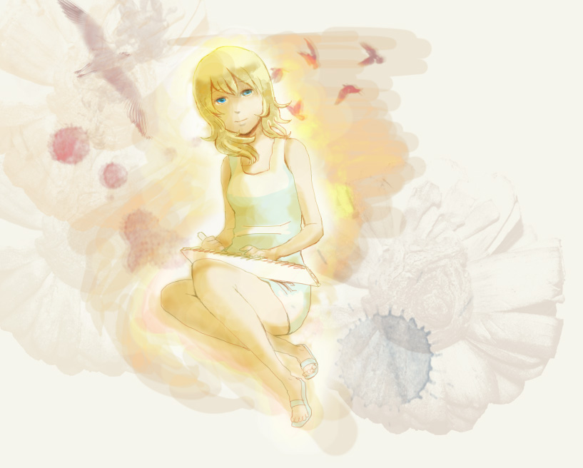 1girl blonde_hair blue_eyes breasts closed_mouth dress hano_(pixiv1173036) kingdom_hearts kingdom_hearts_ii namine shirt short_hair solo sundress white_dress white_shirt