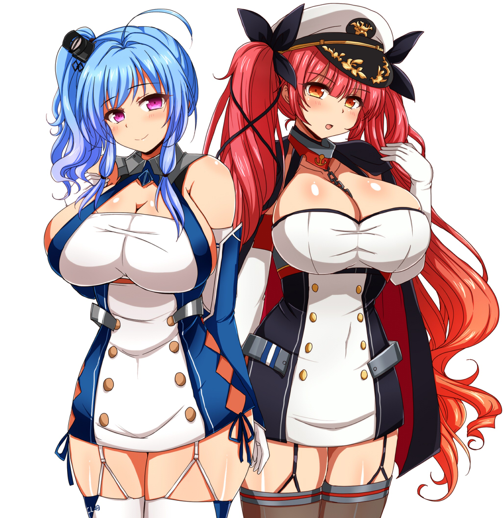 2girls :o afuro ahoge arm_guards arms_behind_back azur_lane bangs barefoot between_breasts black_cape black_ribbon blunt_bangs blush breasts brown_legwear cape chains cleavage cleavage_cutout closed_mouth collar covered_navel cowboy_shot double-breasted dress elbow_gloves eyebrows_visible_through_hair garter_straps gloves hair_ribbon hand_on_own_chest hand_up hat head_tilt honolulu_(azur_lane) huge_breasts long_hair looking_at_viewer microdress multiple_girls open_mouth orange_eyes peaked_cap pink_eyes redhead ribbon shiny shiny_skin side_ponytail sidelocks simple_background skindentation sleeveless sleeveless_dress smile st._louis_(azur_lane) standing thigh-highs twintails very_long_hair wavy_hair white_background white_dress white_gloves white_hat white_legwear zettai_ryouiki