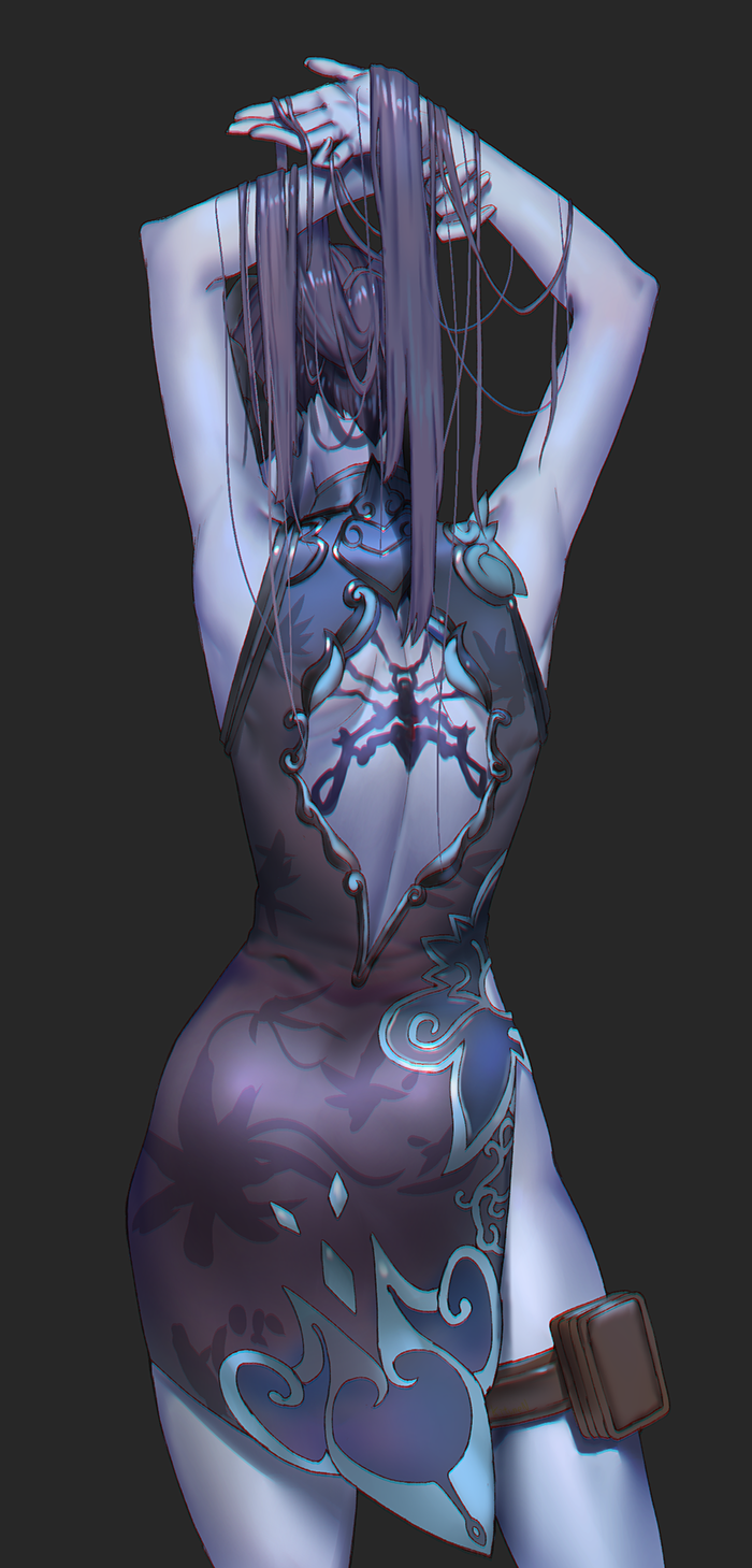 1girl adjusting_hair alternate_costume back back_cutout back_tattoo black_lily_widowmaker china_dress chinese_clothes dress from_behind highres kokutan_kitsunen overwatch purple_hair purple_skin sleeveless solo spider_tattoo tattoo thigh_strap widowmaker_(overwatch)