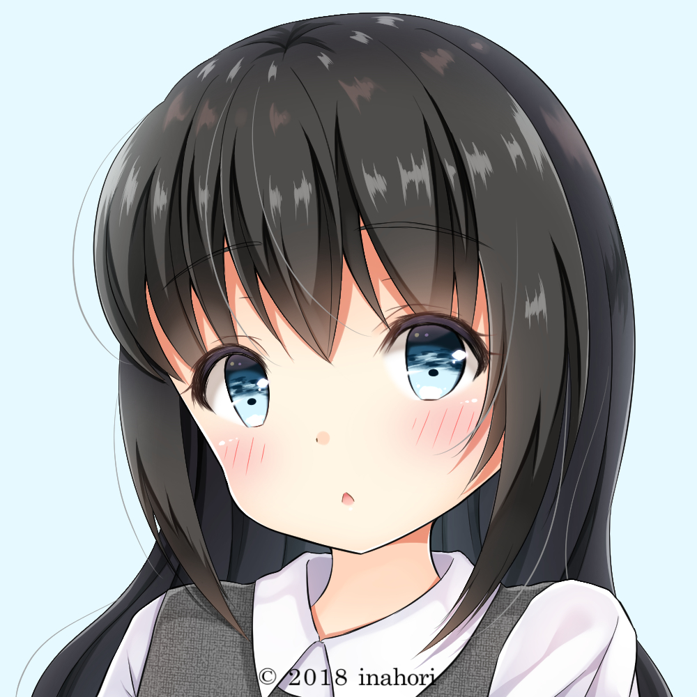 1girl 2018 artist_name bangs black_hair blue_background blue_eyes blush collared_shirt commentary_request eyebrows_visible_through_hair grey_vest hair_between_eyes head_tilt inahori official_art original parted_lips portrait shirt sidelocks simple_background solo vest white_shirt