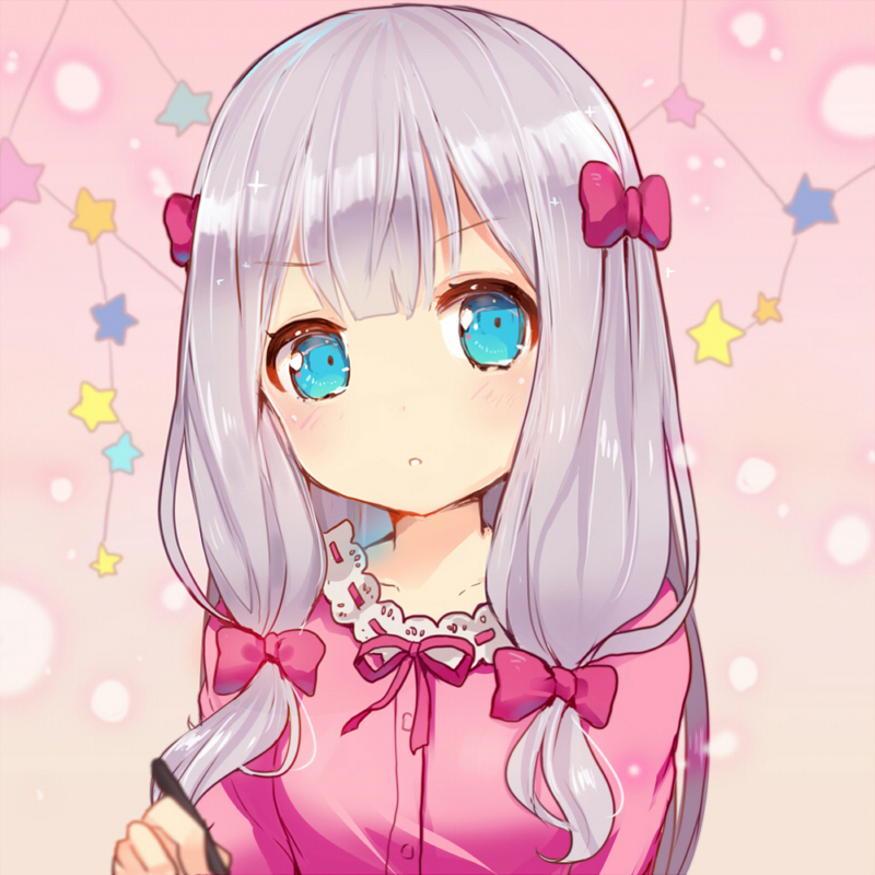 1girl :o bangs blue_eyes blush bow breasts collarbone commentary_request eromanga_sensei eyebrows_visible_through_hair hair_bow head_tilt izumi_sagiri looking_at_viewer maodouzi parted_lips pink_background pink_bow pink_pajamas pink_shirt shirt sidelocks silver_hair small_breasts solo star