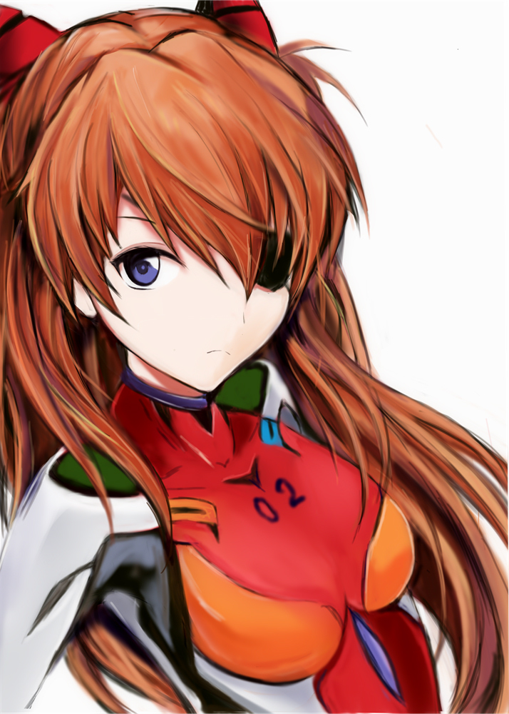 1girl blue_eyes breasts eyepatch floating_hair long_hair looking_at_viewer nannacy7 neon_genesis_evangelion orange_hair plugsuit simple_background small_breasts solo souryuu_asuka_langley upper_body very_long_hair white_background