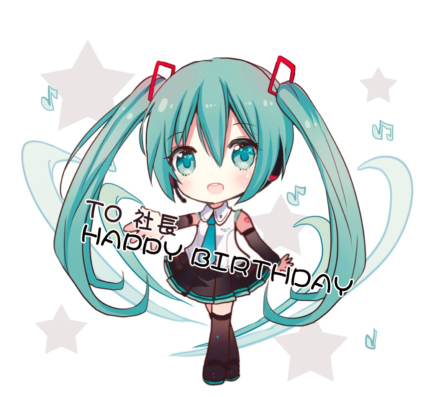 1girl :d aqua_hair aqua_neckwear arm_warmers bangs bare_shoulders beamed_quavers black_footwear black_legwear black_skirt blush boots chibi collared_shirt commentary_request crotchet eyebrows_visible_through_hair full_body green_eyes hair_between_eyes hair_ornament happy_birthday hatsune_miku long_hair looking_at_viewer maodouzi musical_note necktie open_mouth pleated_skirt quaver shirt skirt sleeveless sleeveless_shirt smile solo standing thigh-highs thigh_boots translated upper_teeth very_long_hair vocaloid white_background white_shirt