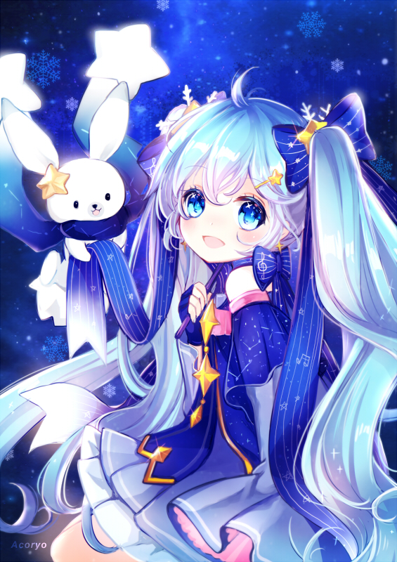 1girl :d ahoge animal bangs bare_shoulders blue_bow blue_dress blue_eyes blue_gloves blue_hair blue_ribbon blue_scarf blush bow commentary_request constellation_print dress eyebrows_visible_through_hair fingerless_gloves gloves hair_between_eyes hair_ornament hatsune_miku holding long_hair looking_at_viewer looking_to_the_side maodouzi open_mouth rabbit ribbon scarf smile snowflakes star star_hair_ornament striped striped_bow striped_ribbon twintails very_long_hair vocaloid yuki_miku yukine_(vocaloid)