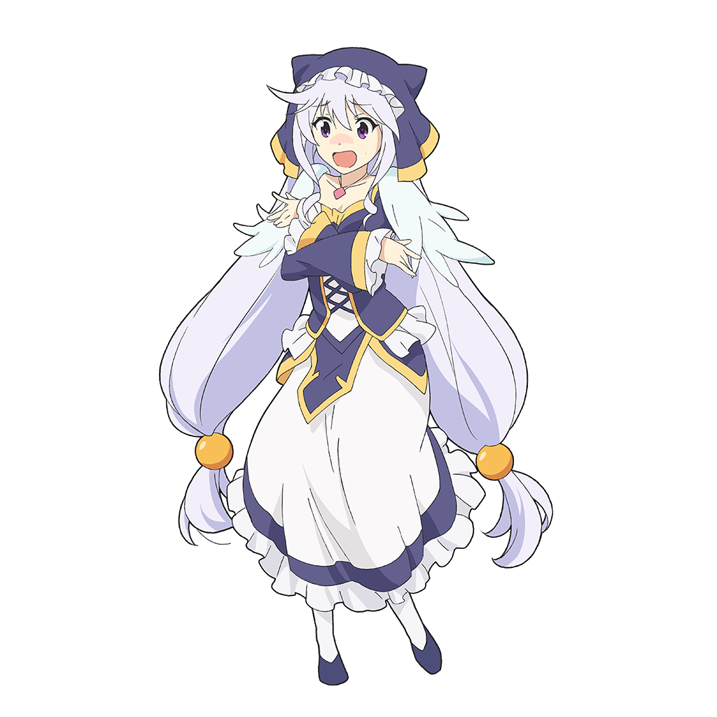 1girl blue_eyes blush breasts covering embarrassed eris_(konosuba) frills kono_subarashii_sekai_ni_shukufuku_wo! long_hair looking_at_viewer silver_hair solo transparent_background uchi_no_hime-sama_ga_ichiban_kawaii violet_eyes