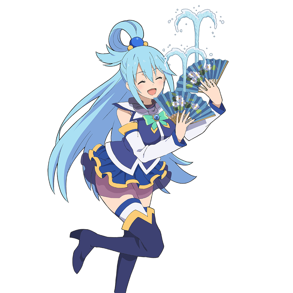 1girl aqua_(konosuba) blue_eyes blue_legwear blue_shirt blue_skirt boots bow detached_sleeves fan folding_fan green_bow hair_rings kono_subarashii_sekai_ni_shukufuku_wo! long_hair official_art shirt skirt thigh-highs thigh_boots transparent_background uchi_no_hime-sama_ga_ichiban_kawaii