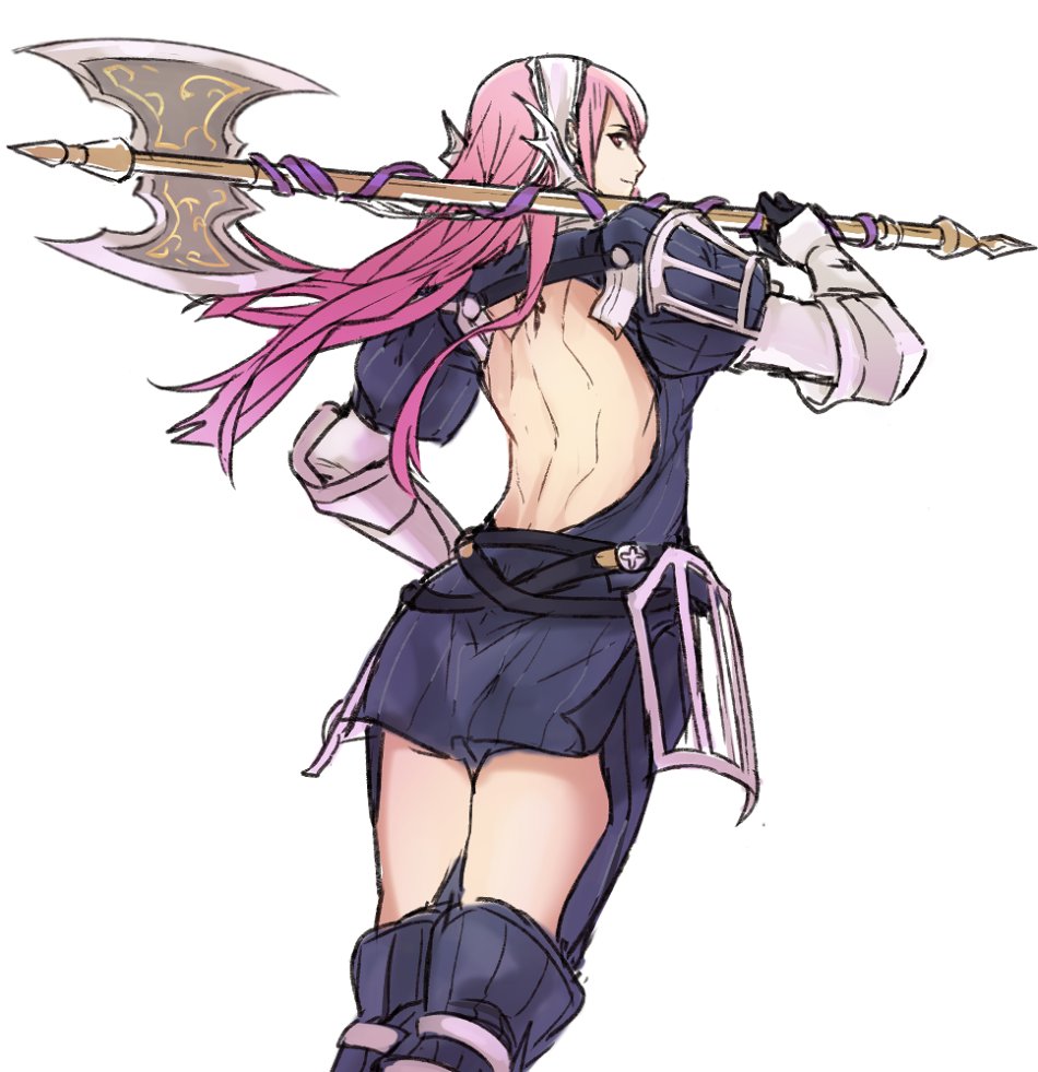 1girl axe fire_emblem fire_emblem:_kakusei full_body holding holding_axe holding_weapon kamu_(kamuuei) long_hair looking_at_viewer pink_hair serge_(fire_emblem) simple_background smile solo weapon