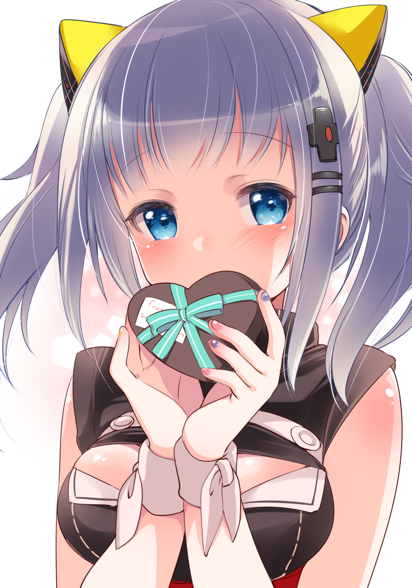 1girl bangs bare_shoulders blue_eyes blue_ribbon blush breasts cleavage_cutout covering_mouth dress eyebrows_visible_through_hair fujisaki_hikari gift hair_ornament half-closed_eyes heart highres kaguya_luna kaguya_luna_(character) looking_at_viewer nail_polish ribbon silver_hair simple_background sleeveless sleeveless_dress solo twintails upper_body valentine virtual_youtuber white_background