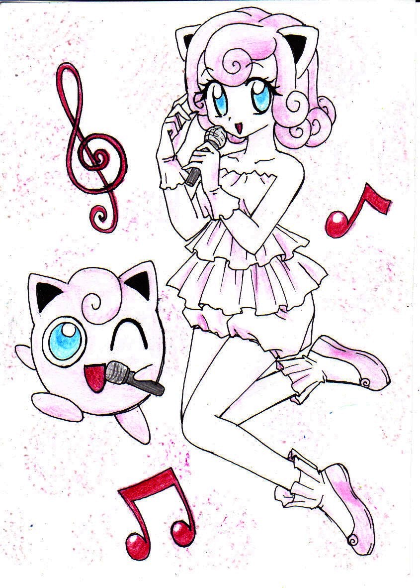 1girl baggy_shorts bare_legs bare_shoulders blue_eyes chikorita85 collarbone curly_hair dancing dress eyelashes g_clef gloves hand_up hands_up holding holding_microphone jigglypuff legs_together looking_at_viewer microphone moemon music musical_note one_eye_closed personification pink pink_background pink_footwear pink_gloves pink_hair pink_shorts pokemon pokemon_(creature) pokemon_(game) pokemon_ears pokemon_rgby shoes short_hair shorts sleeveless sleeveless_dress traditional_media white_background white_skin