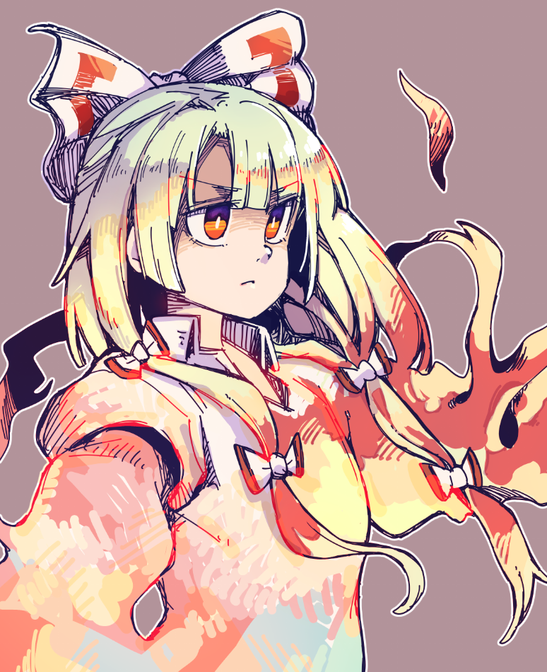 1girl anarogumaaa bangs bow brown_background brown_eyes closed_mouth commentary_request eyebrows_visible_through_hair fire fujiwara_no_mokou hair_bow long_hair red_eyes ribbon sidelocks silver_hair simple_background solo suspenders touhou upper_body very_long_hair white_hair