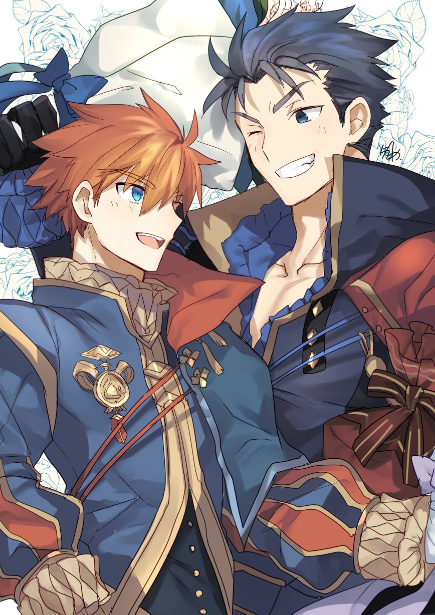 2boys blue_eyes blue_hair cape eliwood_(fire_emblem) fire_emblem fire_emblem:_rekka_no_ken fire_emblem_heroes hector_(fire_emblem) highres male_focus multiple_boys nikame open_mouth redhead short_hair smile weapon