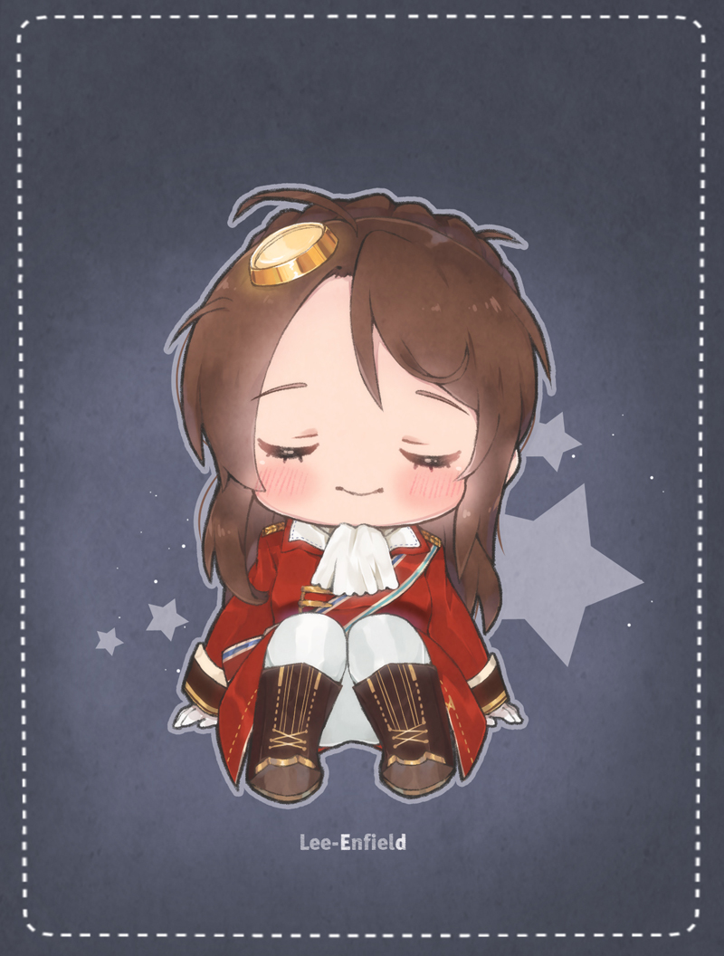 1girl ascot blush boots brown_footwear brown_hair character_name chibi closed_eyes closed_mouth facing_viewer foreign_blue girls_frontline gloves hair_ornament jacket knee_boots lee-enfield_(girls_frontline) long_hair long_sleeves military_jacket pants red_jacket sitting smile solo star white_gloves white_neckwear white_pants