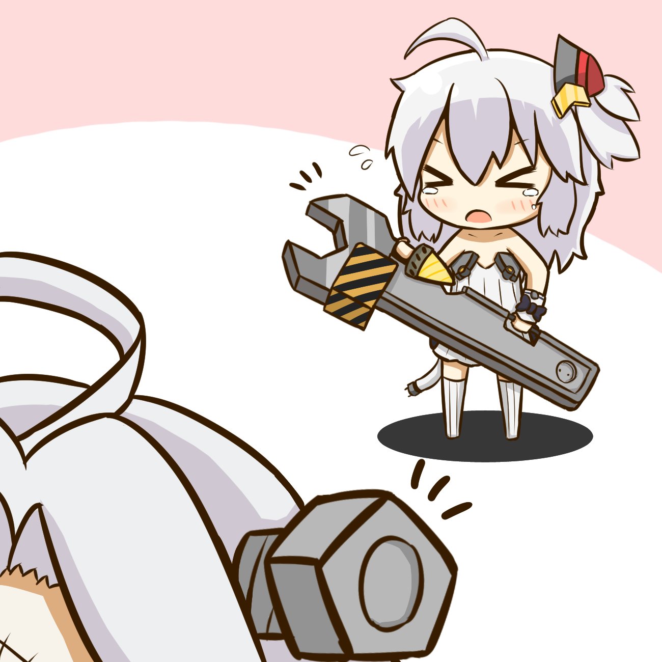 &gt;_&lt; 2girls ahoge azur_lane bare_shoulders blush chibi collarbone dress eyebrows_visible_through_hair full_body hair_ornament highres holding_wrench long_hair multiple_girls open_mouth silver_hair tarebin tearing_up terror_(azur_lane) thigh-highs universal_bullin_(azur_lane) white_dress white_legwear