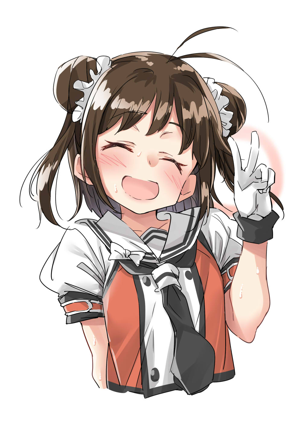 1girl antenna_hair black_neckwear brown_eyes brown_hair double_bun ebifurya facing_viewer gloves hair_ornament hair_scrunchie highres kantai_collection naka_(kantai_collection) necktie remodel_(kantai_collection) sailor_collar school_uniform scrunchie serafuku simple_background solo upper_body v white_background white_gloves white_sailor_collar