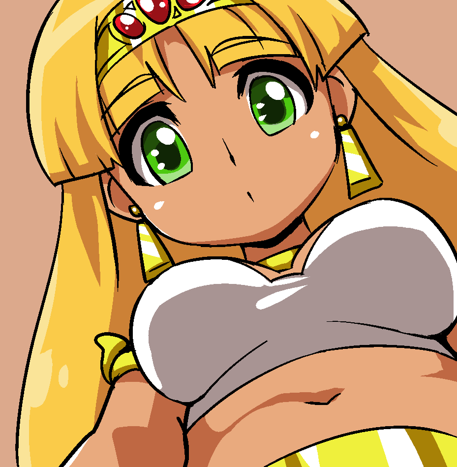 1girl blonde_hair breasts brown_background claire_(hihouden) dark_skin earrings eyebrows eyebrows_visible_through_hair from_below gem green_eyes hairband hihouden hiru_made_ne-tarou jewelry long_hair looking_at_viewer medium_breasts midriff navel neck_ring simple_background solo stomach yellow_hairband