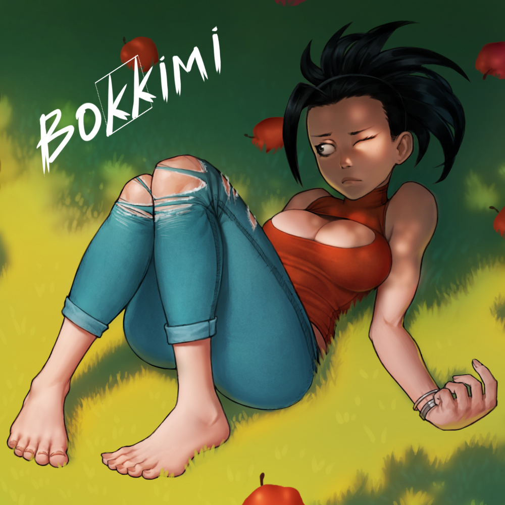 1girl alexander_terentyev apple artist_name barefoot black_hair boku_no_hero_academia bracelet breasts cleavage cleavage_cutout dappled_sunlight denim food fringe fruit full_body grass jeans jewelry lying medium_breasts on_back one_eye_closed outdoors pants ponytail shade sleeveless sleeveless_turtleneck solo sunlight toes torn_clothes torn_jeans turtleneck yaoyorozu_momo