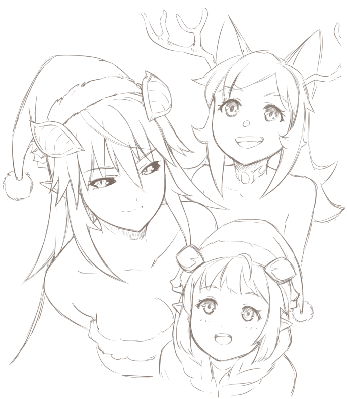 3girls :d animal_ears antlers bare_shoulders black_sclera braid cat_ears commentary_request demon_girl greyscale grin hair_between_eyes hat horns lilim_(monster_girl_encyclopedia) long_hair looking_at_viewer mari_(maritan) maritan_(pixelmaritan) monochrome monster_girl_encyclopedia multiple_girls open_mouth original pointy_ears pom_pom_(clothes) santa_hat sketch smile twin_braids