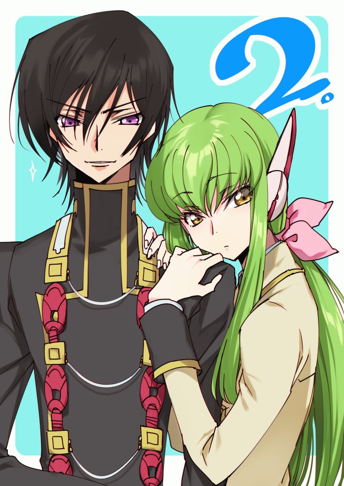 1boy 1girl bangs black_hair black_jacket blue_background bow c.c. closed_mouth code_geass couple creayus eyebrows_visible_through_hair fingernails green_hair hair_between_eyes hair_bow hands_on_another's_shoulder jacket lelouch_lamperouge long_hair long_sleeves looking_at_viewer parted_lips pink_bow simple_background smile solo standing violet_eyes yellow_eyes