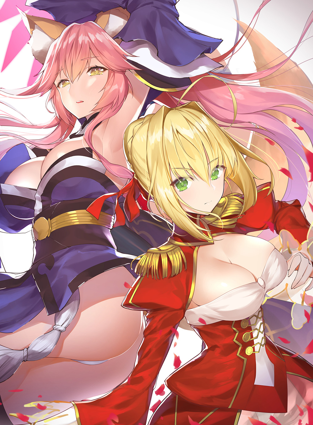 2girls ahoge animal_ears armpits arms_up ass bangs bare_shoulders blonde_hair blue_kimono blue_legwear braid breasts cleavage cleavage_cutout detached_collar detached_sleeves dress epaulettes eyebrows_visible_through_hair fate/extra fate_(series) fox_ears fox_tail french_braid green_eyes hair_bun hair_intakes hair_ribbon highres hips japanese_clothes juliet_sleeves kimono large_breasts long_hair long_sleeves multiple_girls nero_claudius_(fate) nero_claudius_(fate)_(all) open_mouth pink_hair puffy_sleeves red_dress red_ribbon ribbon short_kimono sidelocks tail tamamo_(fate)_(all) tamamo_no_mae_(fate) thighs twintails wide_sleeves yaman yellow_eyes