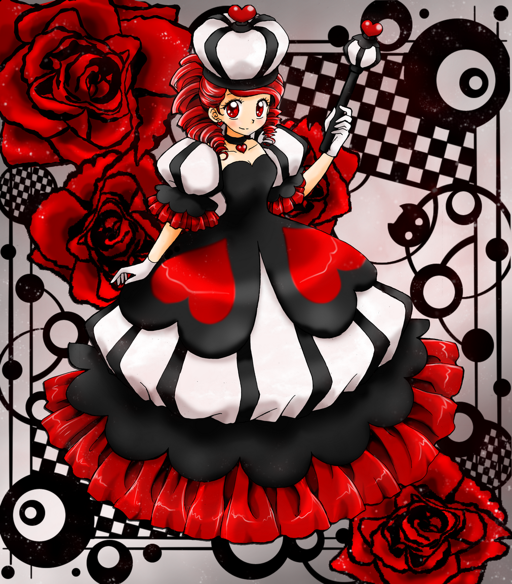 1girl asymmetrical_hair blush breasts checkered checkered_background chikorita85 commentary crown dress drill_hair drill_locks earrings eyelashes floral_background flower full_body gloves hand_up heart heart_earrings heart_necklace high_contrast holding jewelry long_dress looking_at_viewer original playing_card_theme puffy_short_sleeves puffy_sleeves queen red red_eyes red_flower red_rose redhead rose scepter short_sleeves small_breasts smile solo standing white_gloves