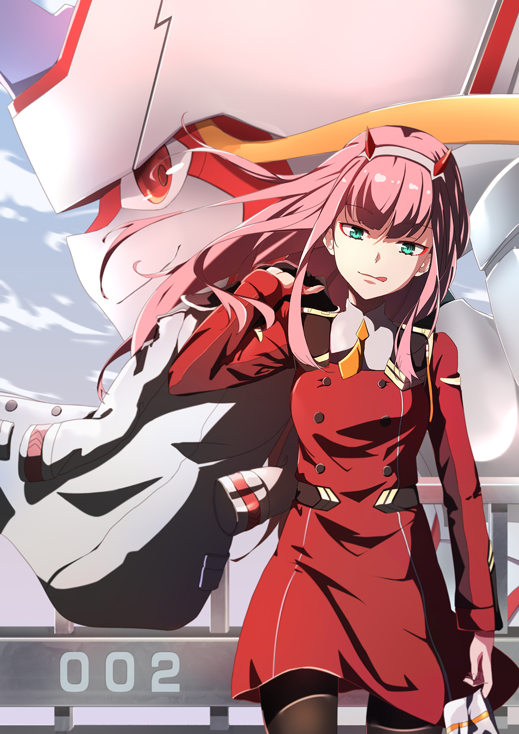 1girl character_name clouds cloudy_sky darling_in_the_franxx green_eyes hairband hangyaku_no_kusaichigo highres horns jacket_over_shoulder long_hair long_sleeves mecha pantyhose pink_hair red_eyes sky strelizia tongue tongue_out uniform zero_two_(darling_in_the_franxx)