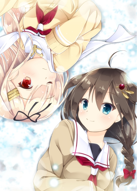 2girls 3; ahoge black_ribbon blue_eyes blush bow braid cardigan closed_mouth cold eyebrows_visible_through_hair from_above hair_bow hair_flaps hair_ornament hair_ribbon hairclip hairpin iris_yayoi jacket kantai_collection long_hair long_sleeves multiple_girls neckerchief on_ground one_eye_closed outdoors red_bow red_eyes red_neckwear remodel_(kantai_collection) ribbon scarf shigure_(kantai_collection) shiny shiny_hair single_braid sleeves_past_wrists smile snow sweater tareme upper_body white_scarf wince yellow_jacket yuudachi_(kantai_collection)