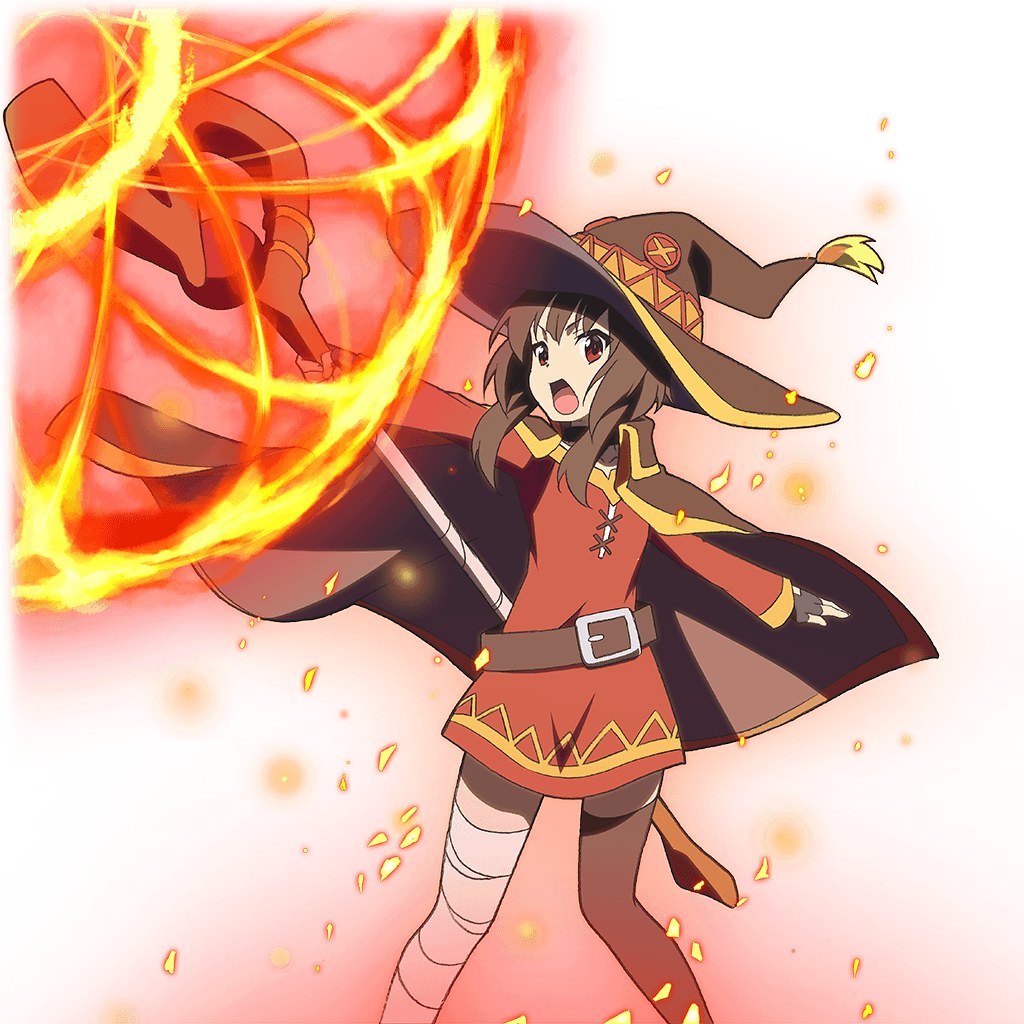 bandage bandaged_leg belt black_gloves black_hair cape collar dress fingerless_gloves gloves hat holding holding_staff kono_subarashii_sekai_ni_shukufuku_wo! magic megumin mismatched_legwear official_art red_dress red_eyes short_hair_with_long_locks single_thighhigh staff thigh-highs uchi_no_hime-sama_ga_ichiban_kawaii witch_hat