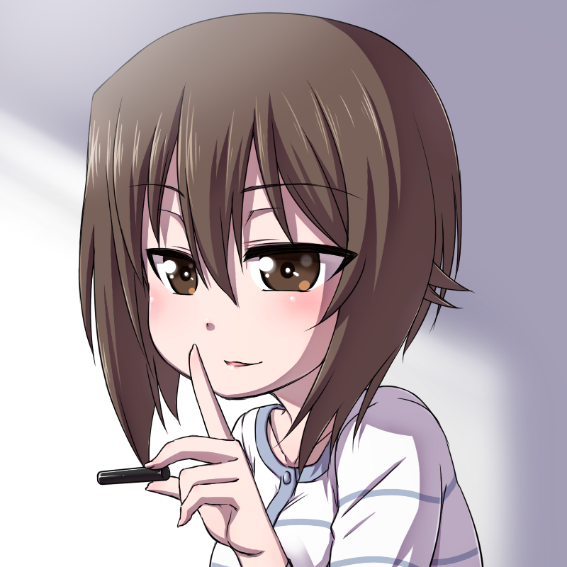 1girl bangs brown_eyes brown_hair casual commentary_request eyebrows_visible_through_hair girls_und_panzer hanya_(hanya_yashiki) holding light_smile long_sleeves looking_at_viewer nishizumi_maho parted_lips portrait shirt short_hair solo striped striped_shirt white_shirt