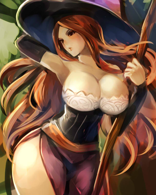 bare_shoulders breasts brown_eyes cleavage detached_sleeves dragon's_crown dress hat kobanzame large_breasts long_hair looking_to_the_side redhead side_slit sleeves sorceress_(dragon's_crown) staff strapless strapless_dress thick_thighs thighs witch witch_hat