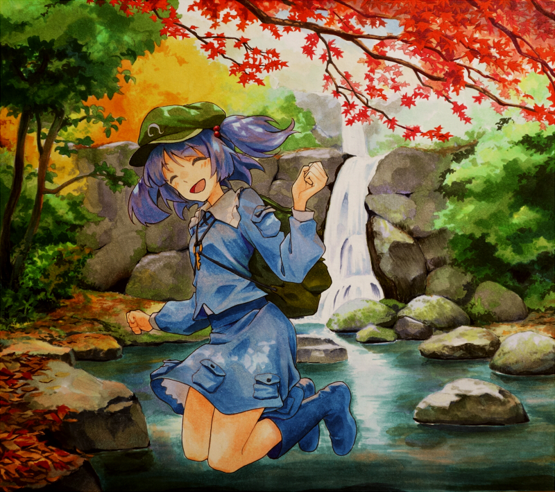 1girl :d ^_^ autumn_leaves bangs blue_footwear blue_hair blue_shirt blue_skirt blush boots breasts cabbie_hat closed_eyes closed_mouth collared_shirt day eyebrows eyebrows_visible_through_hair facing_away frilled_shirt_collar frills full_body green_hat hair_between_eyes hair_bobbles hair_ornament hat jumping kawashiro_nitori key leaf legs_together long_sleeves marker_(medium) millipen_(medium) miniskirt moss nature open_mouth outdoors palms pocket rock shiratama_(hockey) shirt short_hair skirt skirt_set sleeve_cuffs small_breasts smile solo tongue touhou traditional_media tree twintails water waterfall