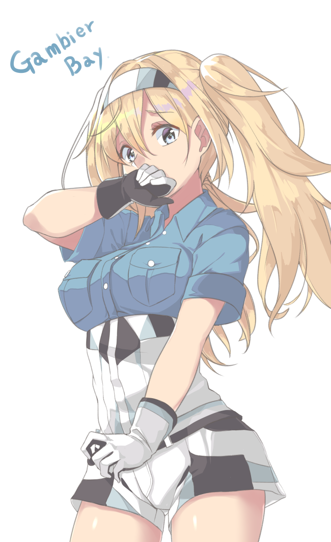 1girl arm_up blonde_hair blue_eyes blue_shirt breast_pocket breasts character_name collared_shirt covering_mouth cowboy_shot eyebrows_visible_through_hair gambier_bay_(kantai_collection) gloves gluteal_fold grey_shorts hairband kantai_collection long_hair looking_at_viewer medium_breasts pocket raised_eyebrows shiny shiny_hair shirt short_sleeves shorts simple_background solo standing tareme tiasis twintails underbust white_background white_gloves wing_collar