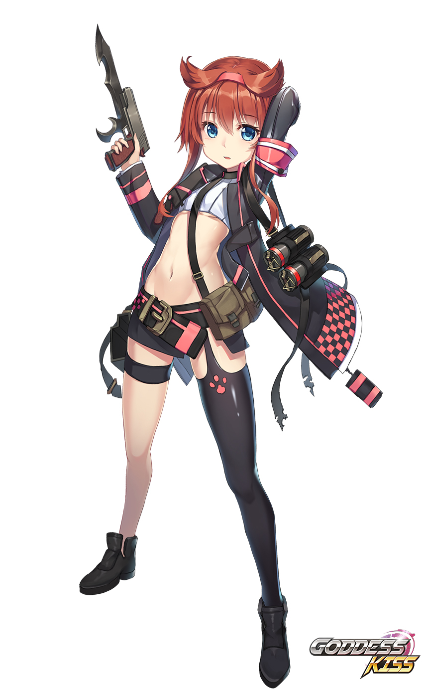 1girl arm_behind_back arm_up bangs bayonet belt black_footwear black_jacket black_legwear blue_eyes blush brown_hair copyright_name crop_top eyebrows_visible_through_hair full_body goddess_kiss gun hair_flaps hairband handgun highres holding holding_gun holding_weapon jacket legband legs_apart long_sleeves looking_at_viewer milyu navel official_art parted_lips pistol shoes short_hair single_thighhigh solo standing thigh-highs watermark weapon