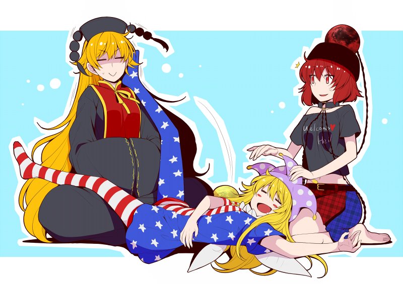 3girls =v= american_flag_dress american_flag_legwear background bare_shoulders barefoot belt black_dress black_shirt blonde_hair blush_stickers breasts butterfly_sitting chains closed_eyes clownpiece collar commentary_request dress drooling ear eichi_yuu eyebrows_visible_through_hair eyelashes fairy_wings full_body hands_together hat headdress heart hecatia_lapislazuli jester_cap junko_(touhou) lap_pillow long_hair long_sleeves midriff miniskirt moon_(ornament) multicolored multicolored_clothes multicolored_skirt multiple_girls navel off-shoulder_shirt open_mouth plaid plaid_skirt polos_crown red_eyes redhead shirt short_dress short_sleeves sitting skirt sleeping sleeves_past_wrists sweat t-shirt tabard tassel touhou very_long_hair wariza wide_sleeves wings